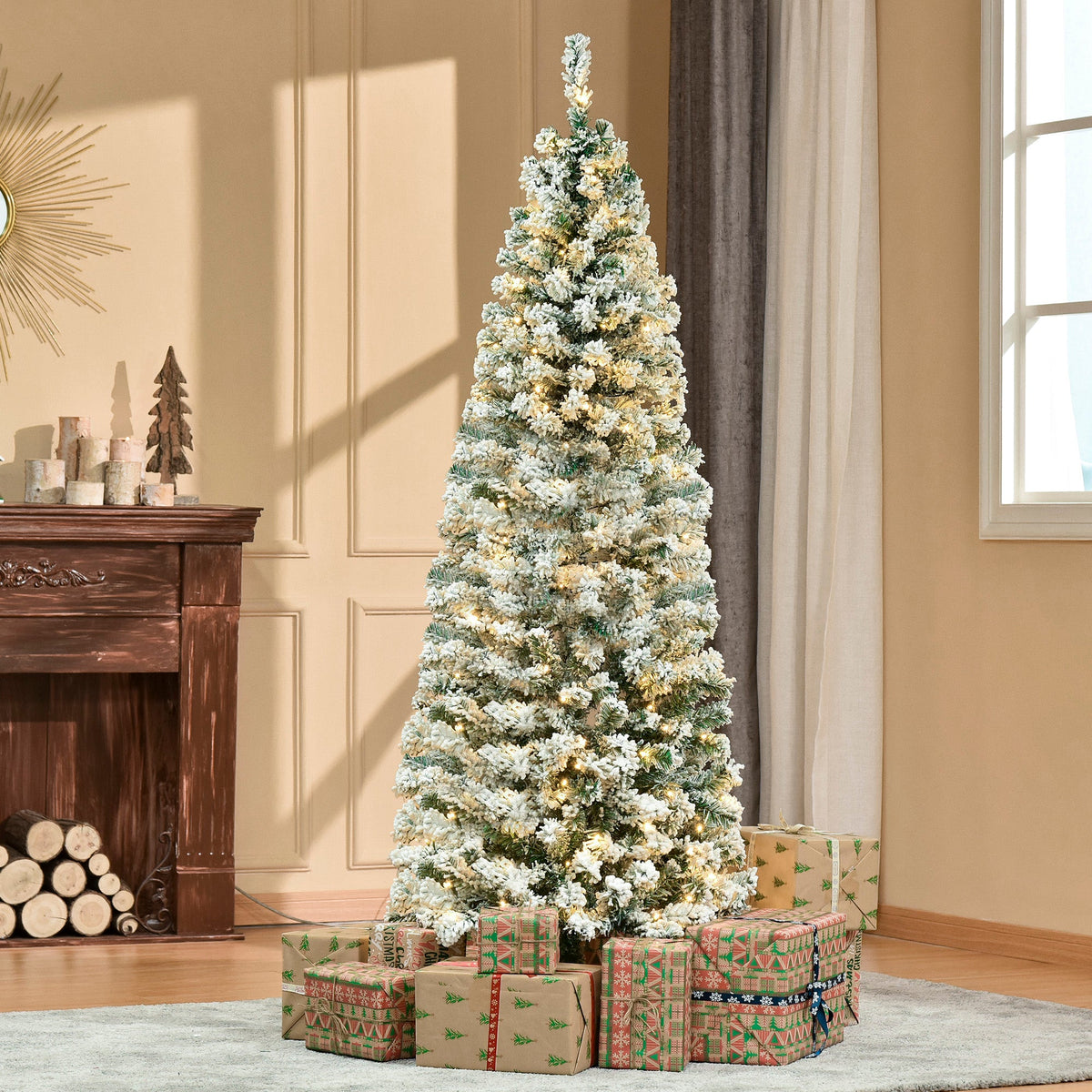 6ft Pre-Lit Snow-Flocked Slim Douglas Fir Christmas Tree with LED Lights
