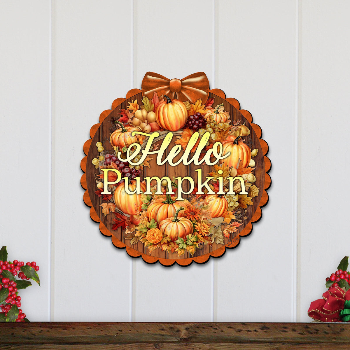 Hello Pumpkin Front Door Welcome Sign, Wooden Front Porch Decor by G. Debrekht Thanksgiving Halloween Decor - 933120H