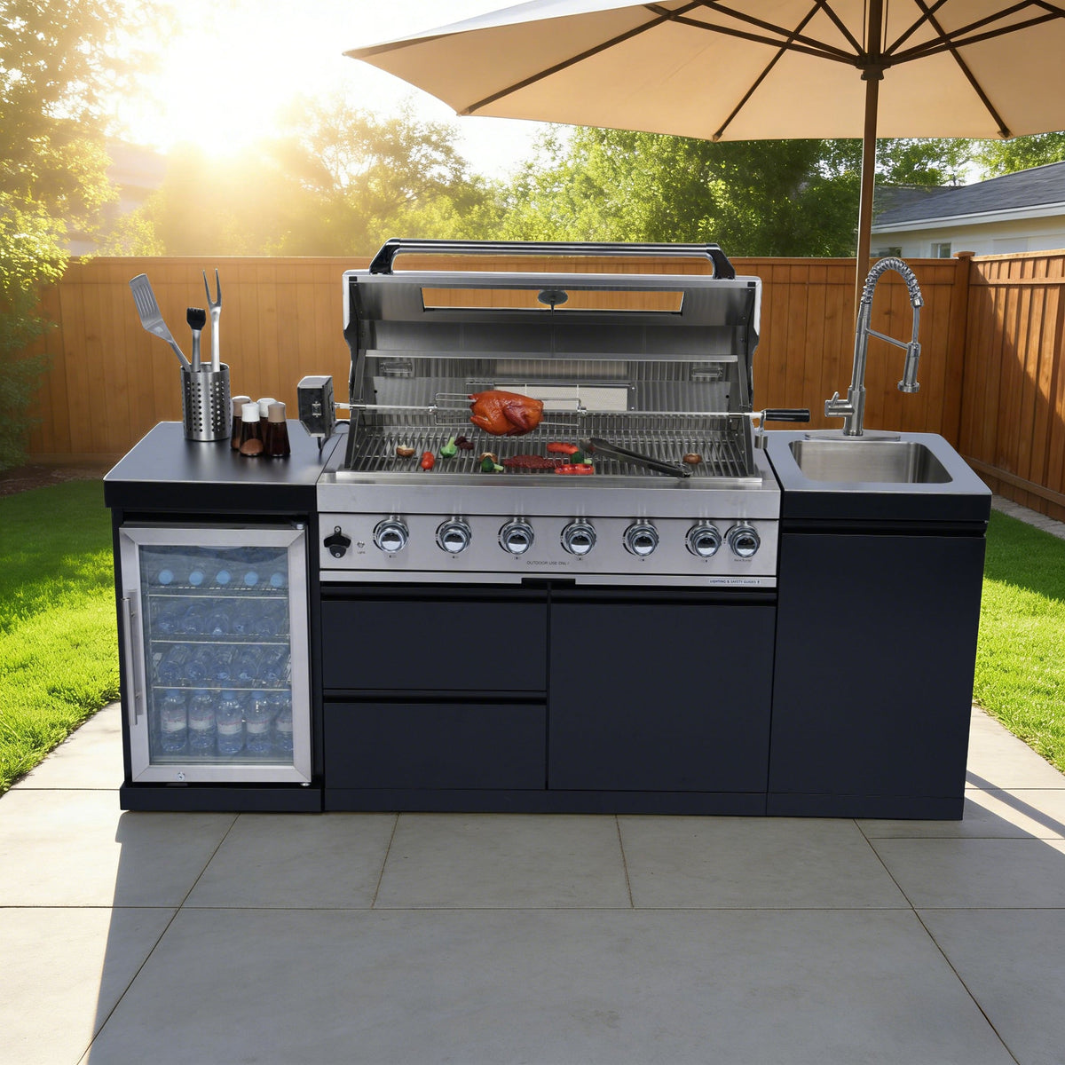 82-Inch 6-Burner Outdoor Kitchen Grill with Wine Cooler