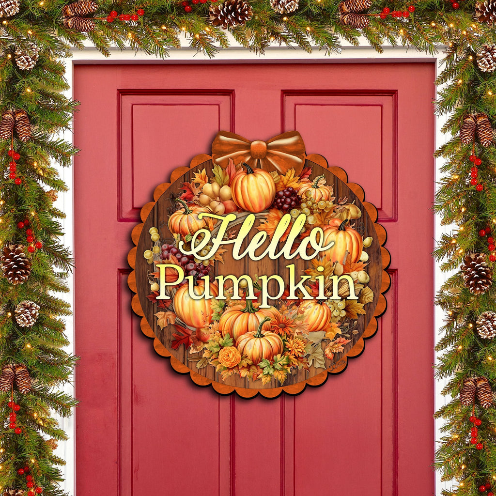 Hello Pumpkin Front Door Welcome Sign, Wooden Front Porch Decor by G. Debrekht Thanksgiving Halloween Decor - 933120H