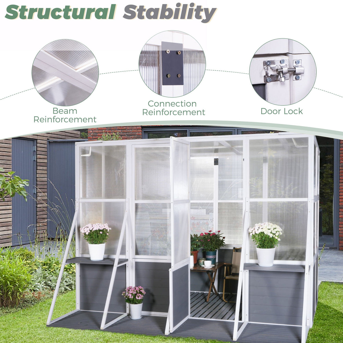 Wooden Lean-To Walk-In Greenhouse – White / Gray