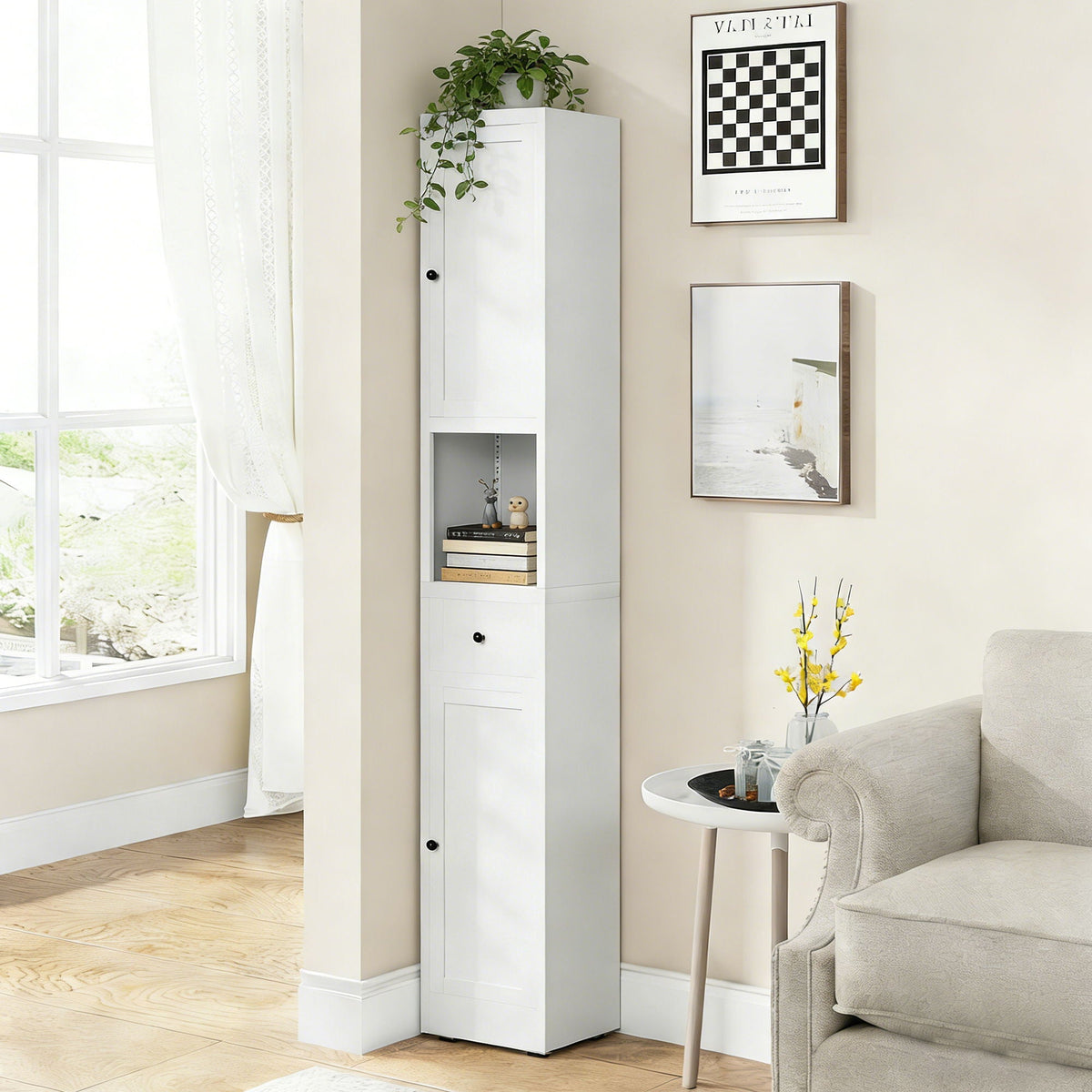 Tall Narrow 5-Tier Bathroom Storage Cabinet – White
