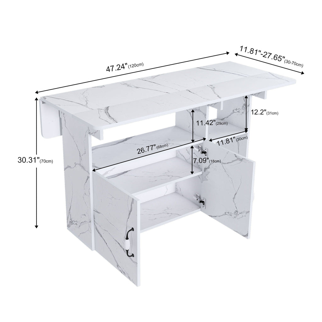 White Folding Kitchen Island with Storage Shelves and Wheels