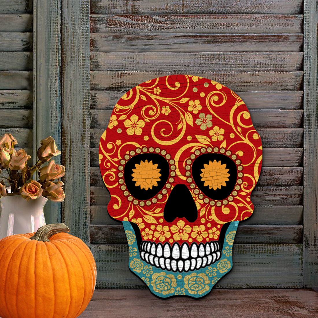 Day of The Dead Decorated Skull Halloween Door Decor by G. DeBrekht - Thanksgiving Halloween Decor - 8198443-2H