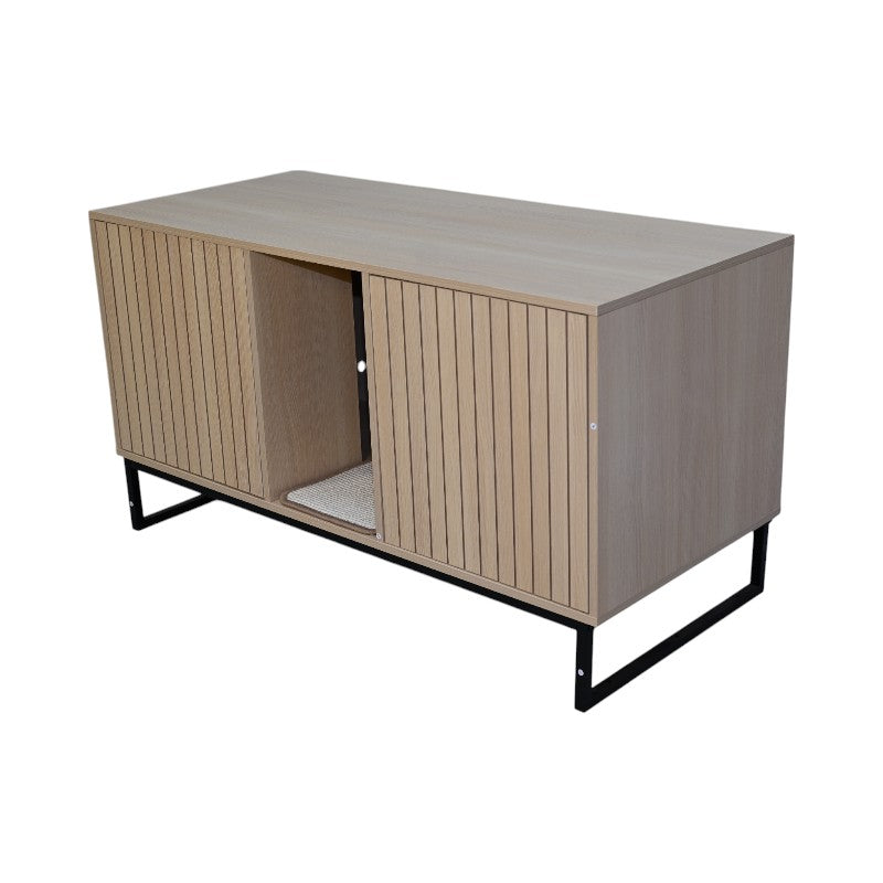 Modern Wooden Cat House with Scratching Mat - Light Wood & Black