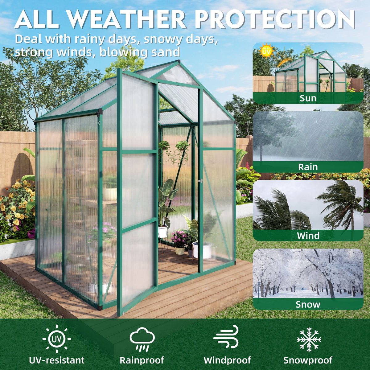 Walk-In Polycarbonate Greenhouse with Raised Base – Green