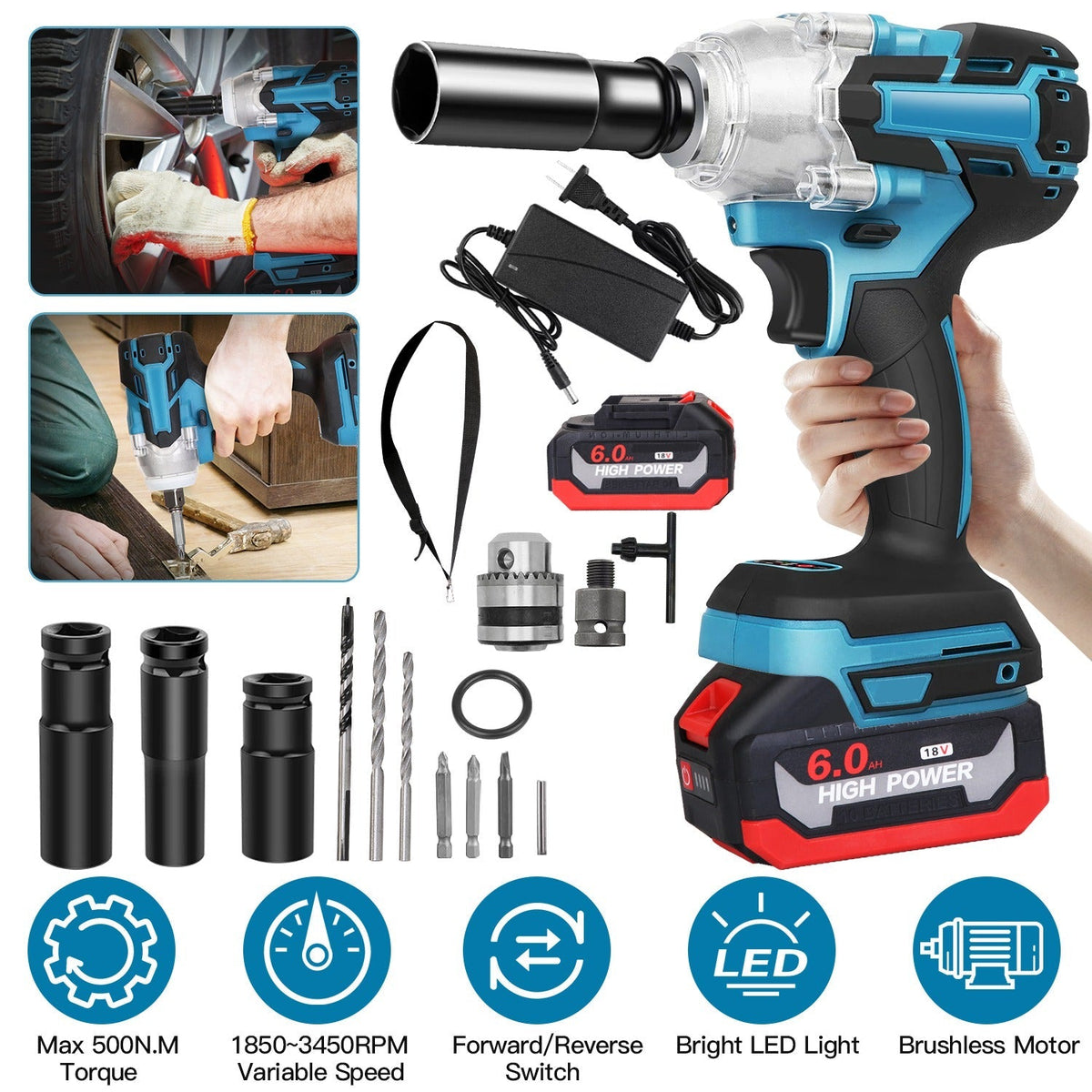 3-In-1 Cordless Electric Impact Wrench Drill Screwdriver with Brushless Motor Max 3450RPM Variable Speed 2Pcs 6.0Ah Batteries 3 Sockets 3 Screwdriver