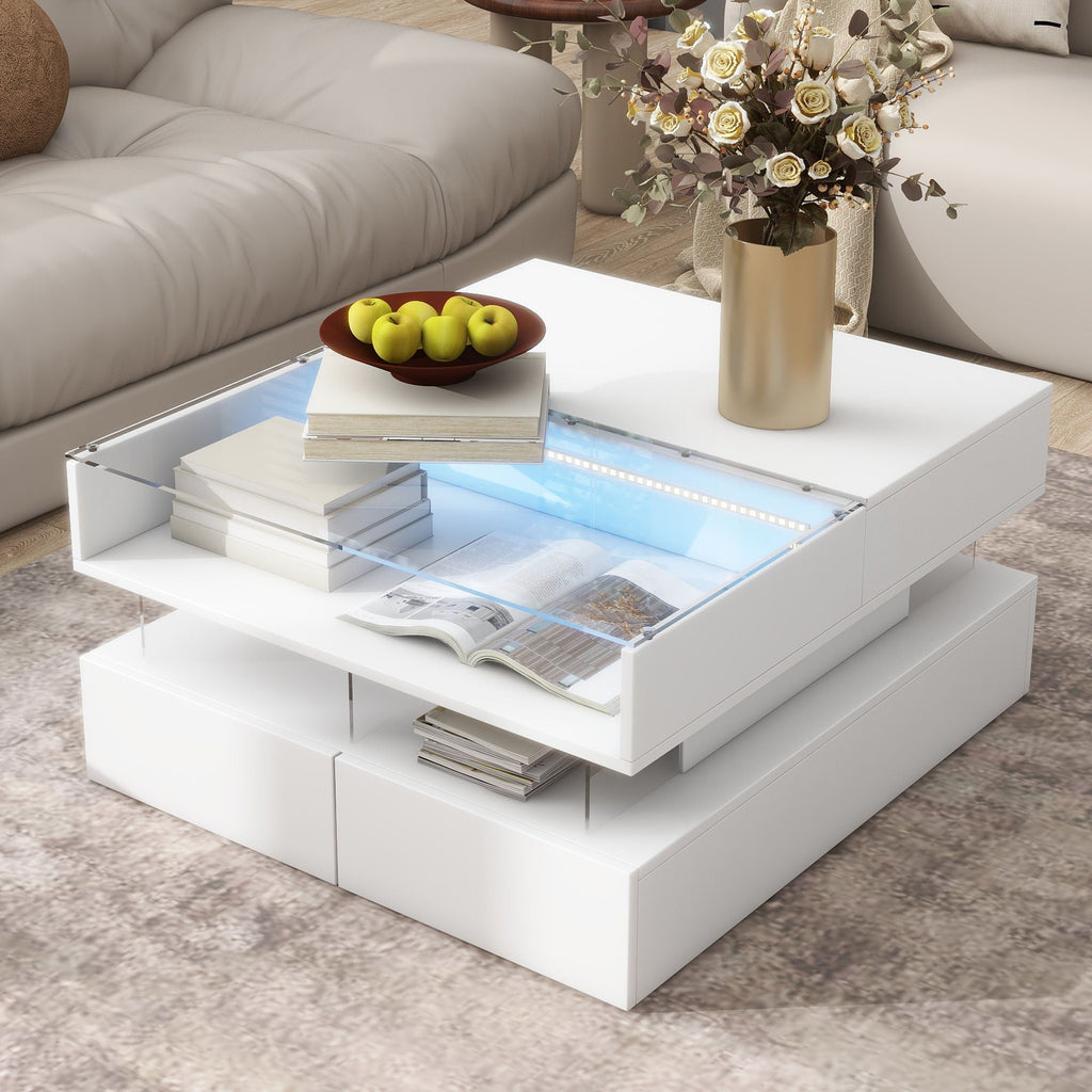 Lift-Top Coffee Table with LED Lighting & Hidden Storage – White