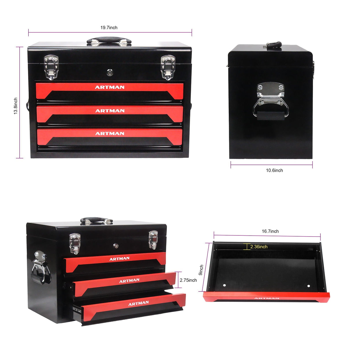 20" Portable 3-Drawer Steel Tool Box
