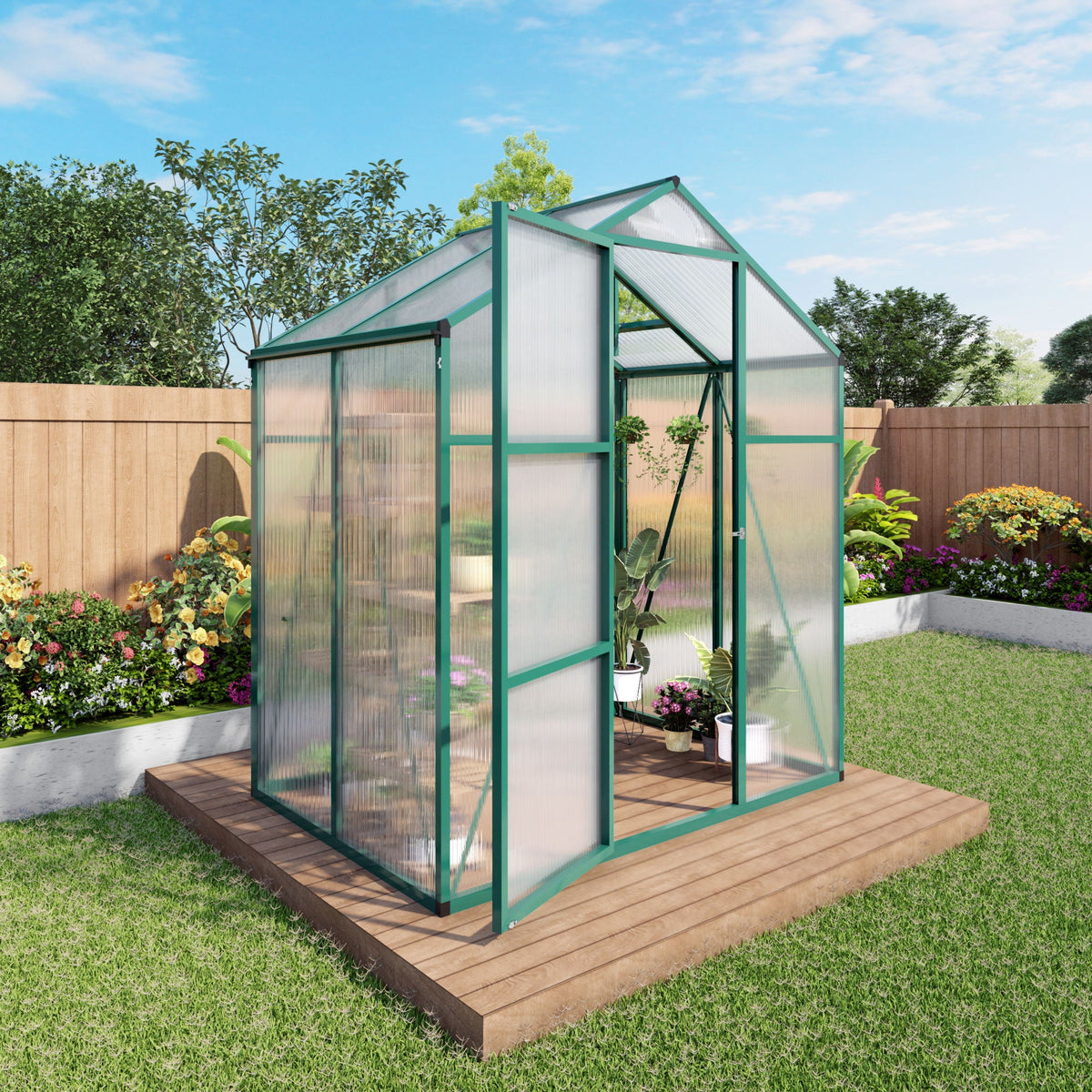 Walk-In Polycarbonate Greenhouse with Raised Base – Green