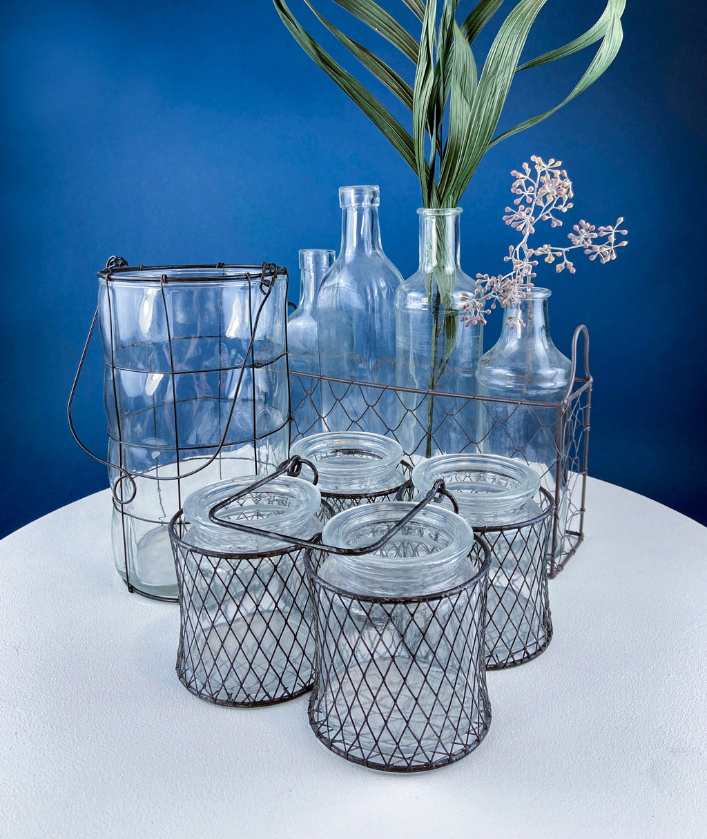 Rustic Glass Vase & Candle Holder Collection with Wire Baskets