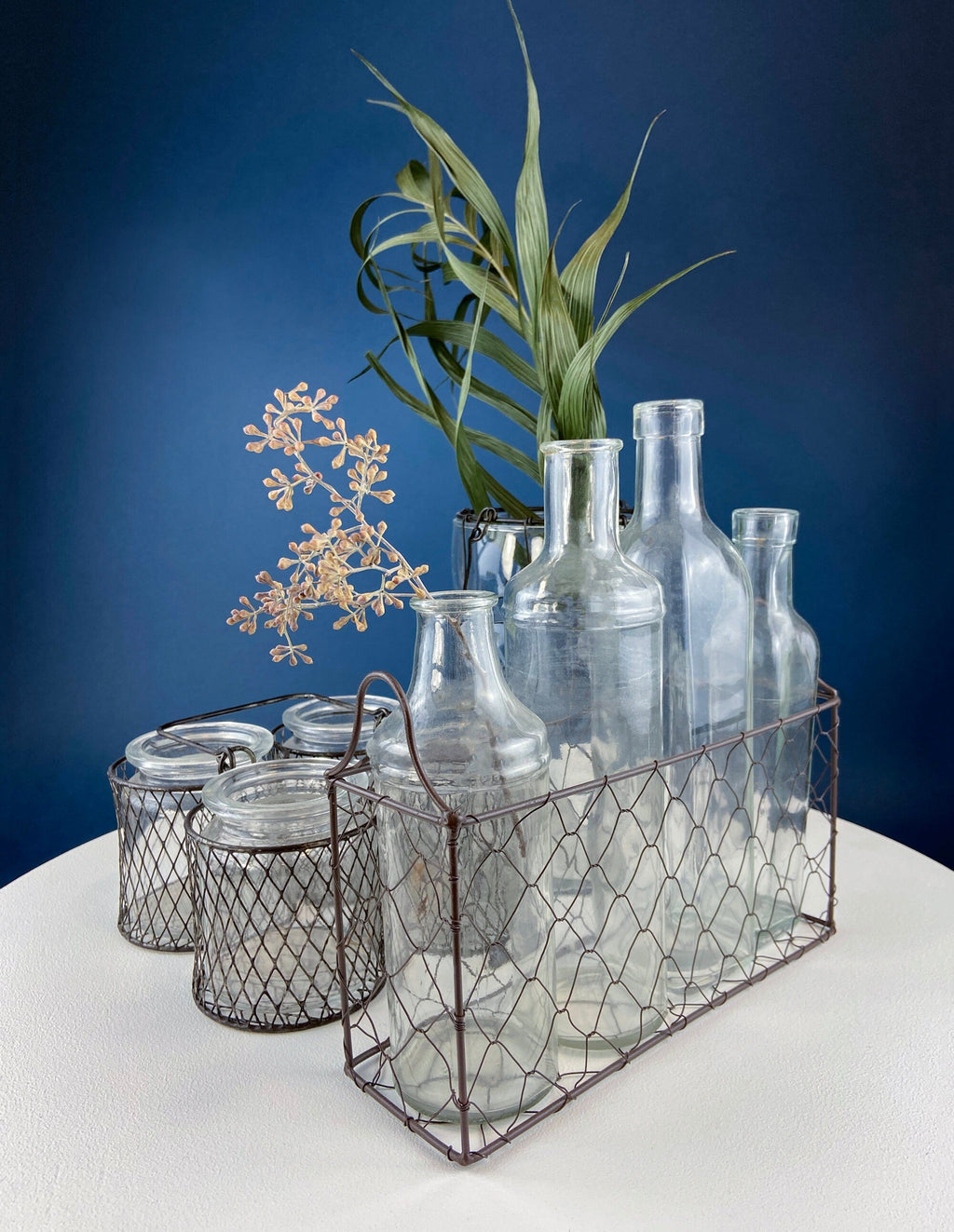 Rustic Glass Vase & Candle Holder Collection with Wire Baskets