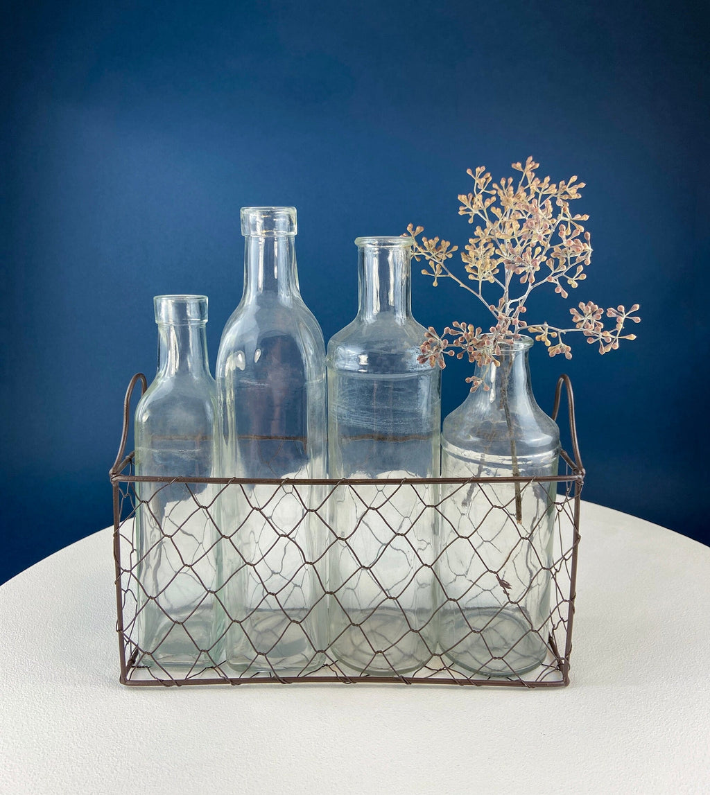 Rustic Glass Vase & Candle Holder Collection with Wire Baskets