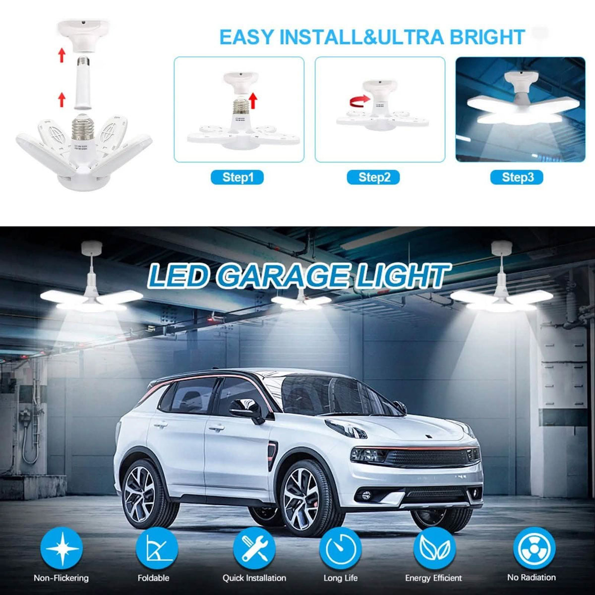 4-Panel Dimmable LED Garage Ceiling Light