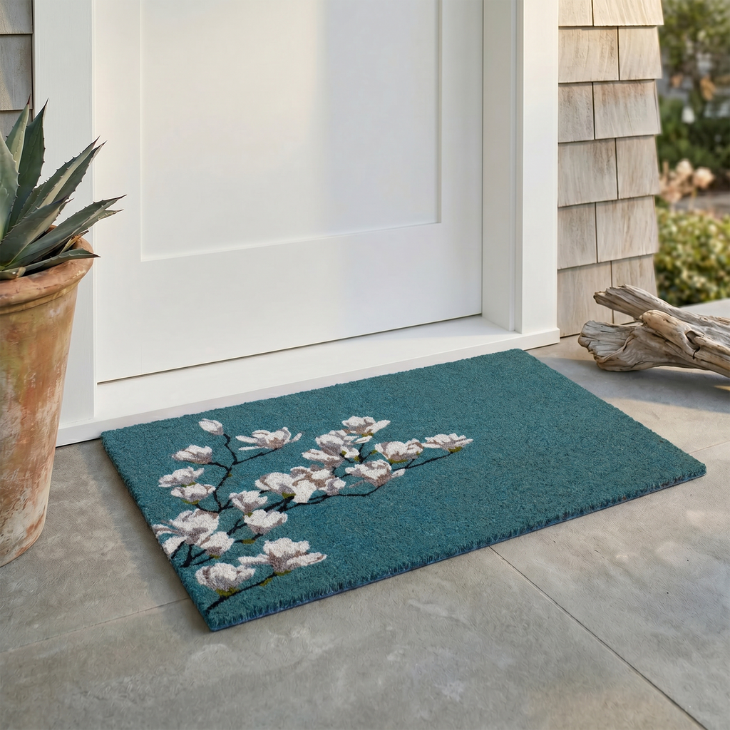 Fab Habitat Magnolia Branch Blue Coir Doormat