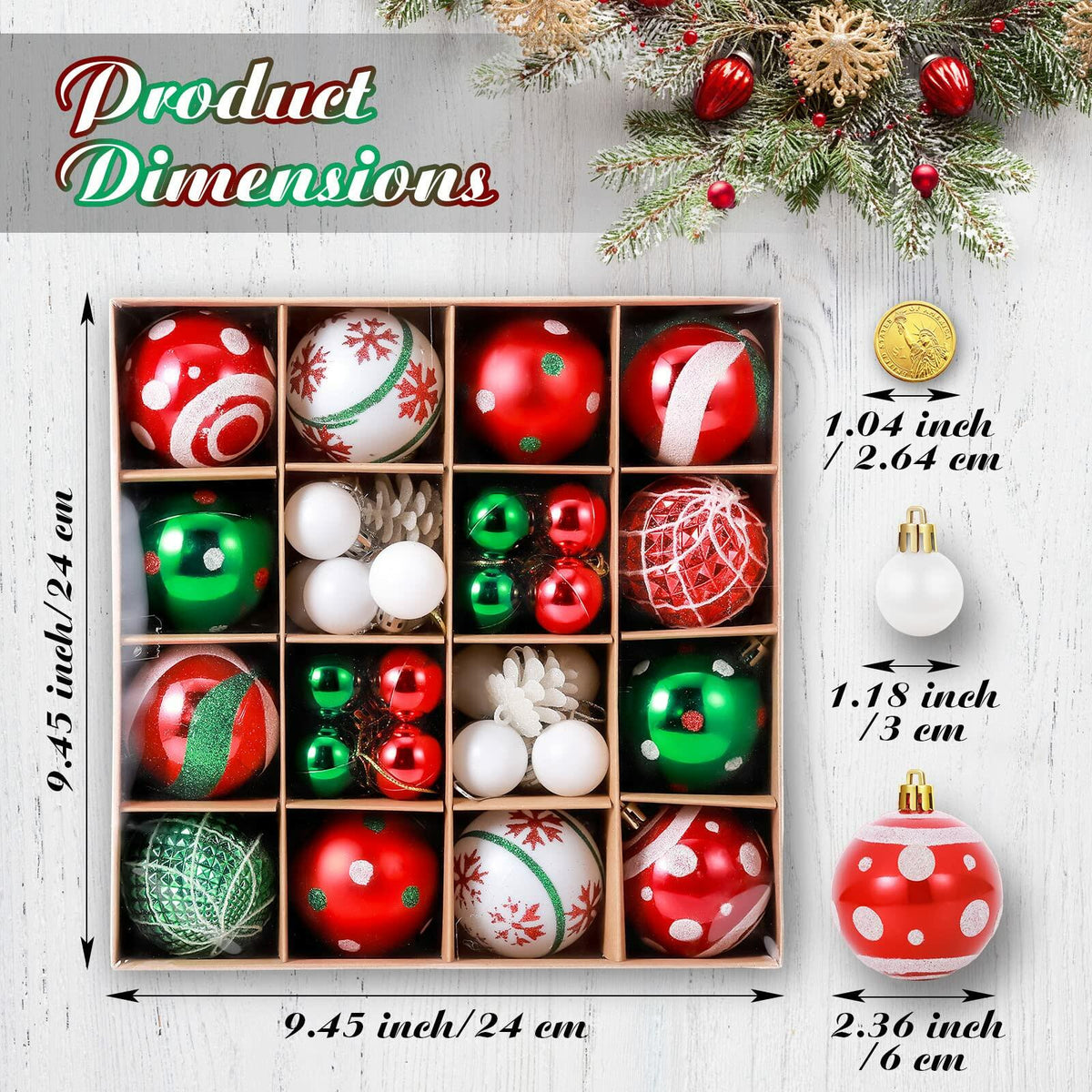 42 Pc Christmas Tree Balls Ornaments Glitter 2.36" & 1.18" Red Green White
