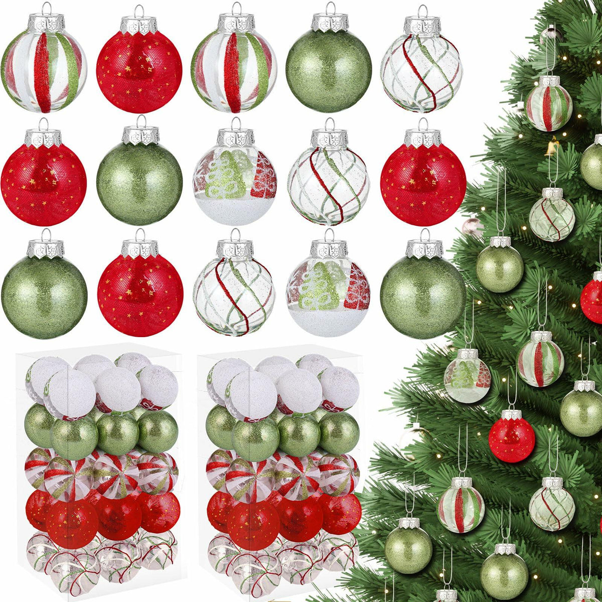 Realspring 60 Pc 2.4" Shatterproof Christmas Ornaments Red Green White