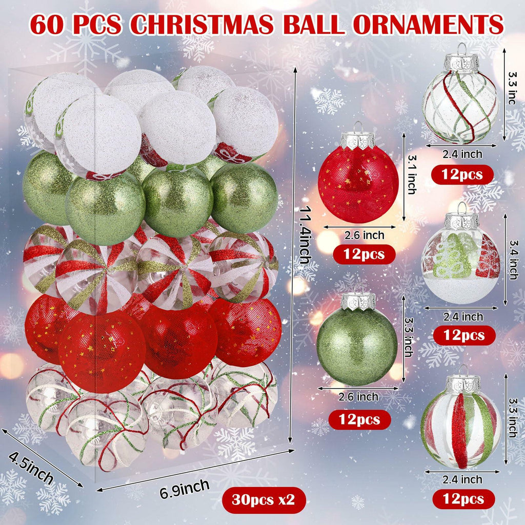 Realspring 60 Pc 2.4" Shatterproof Christmas Ornaments Red Green White