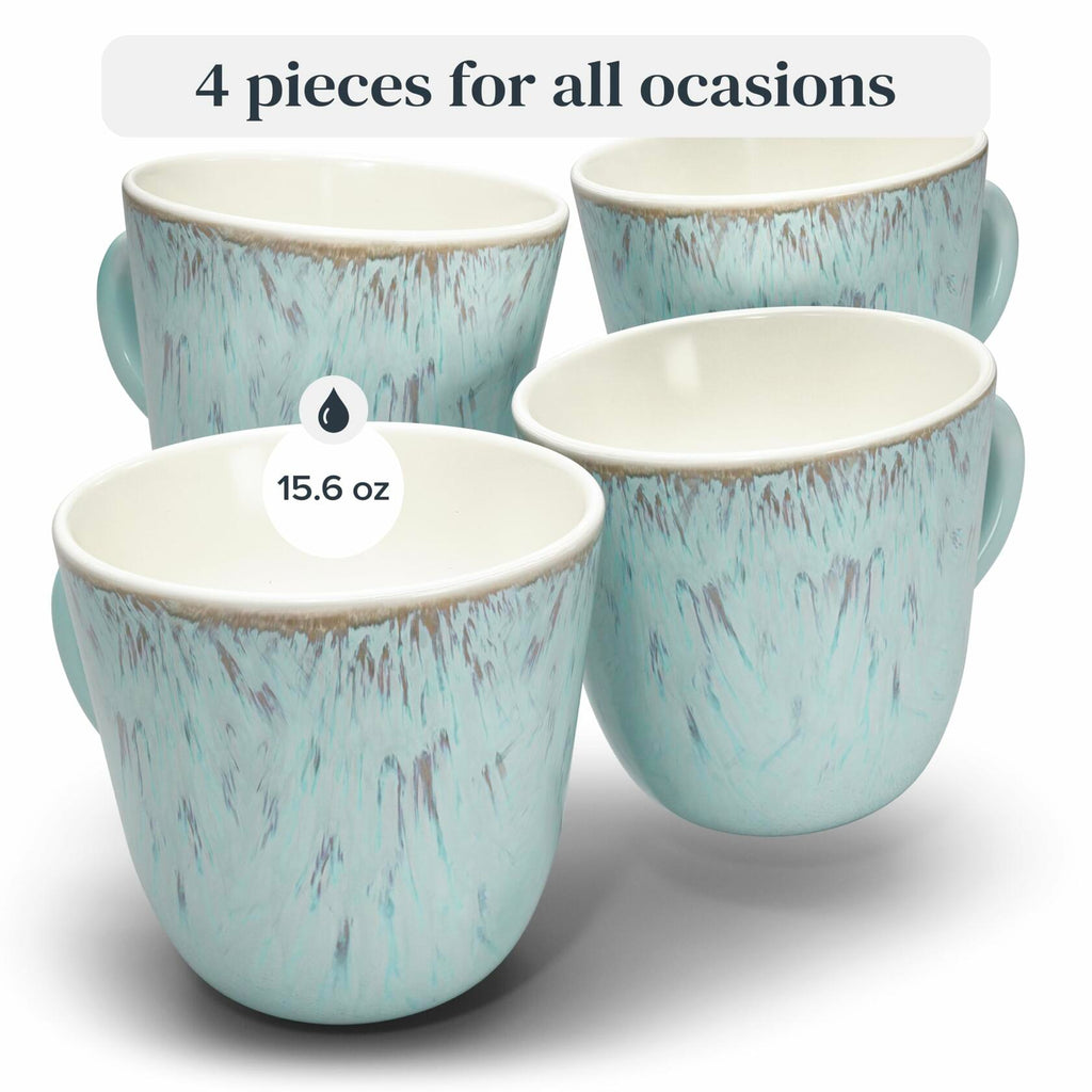Stoneware Coffee Mugs – Set of 4, Beige & Blue