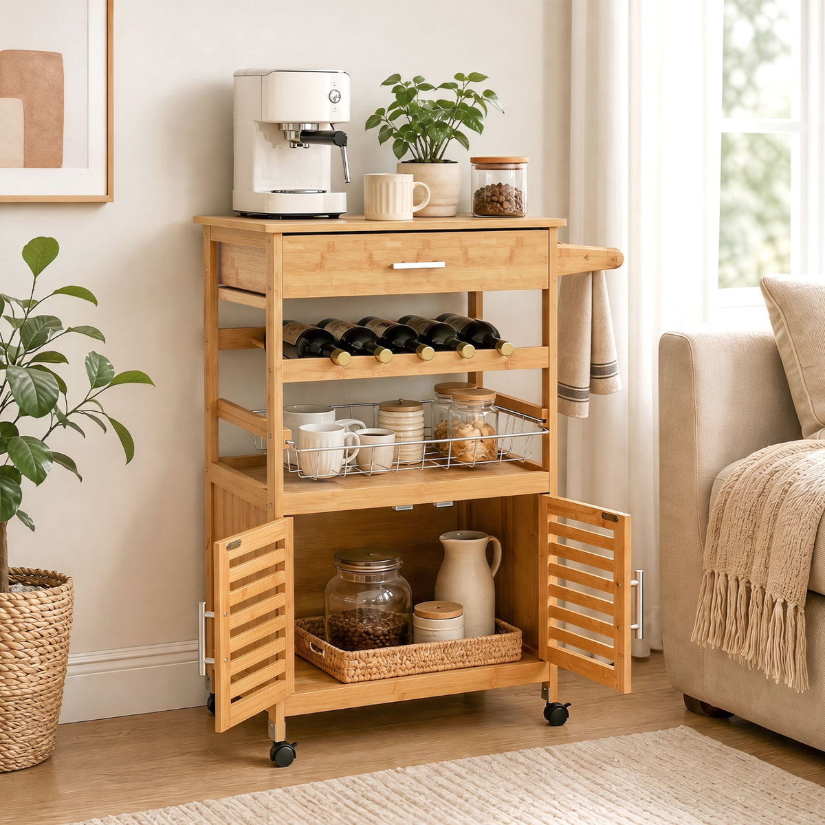 Rolling Kitchen Island Cart with Wine Rack & Storage