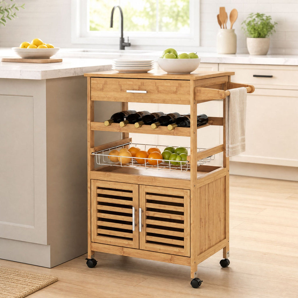 Rolling Kitchen Island Cart with Wine Rack & Storage