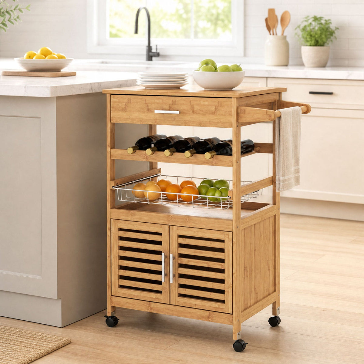 Rolling Kitchen Island Cart with Wine Rack & Storage